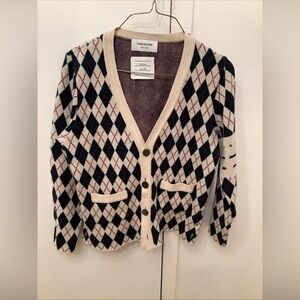 Thom Browne Beige/Navy Argyle 100% Cashmere Tipping V-neck Men’s Cardigan Sz.2‌